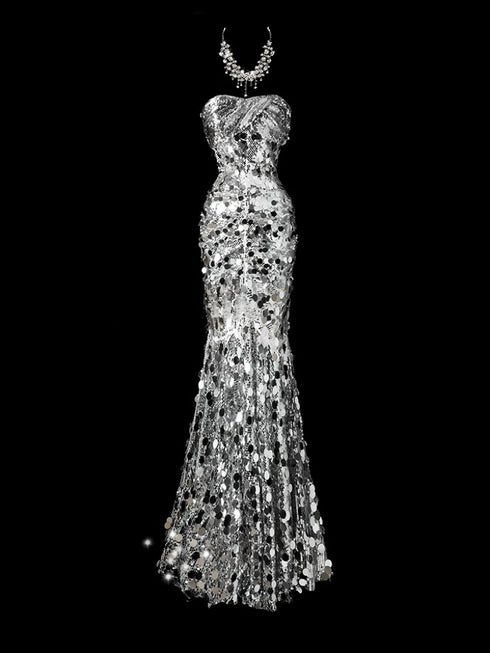 Silver Strapless Glitter Dress - Designer Sequin Gown - Silver Glitter Dress Plus Size
